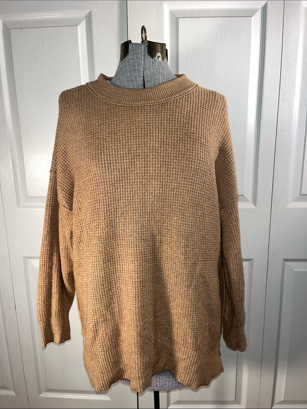 Cozy Oversized Camel Waffle-Knit Sweater Dress